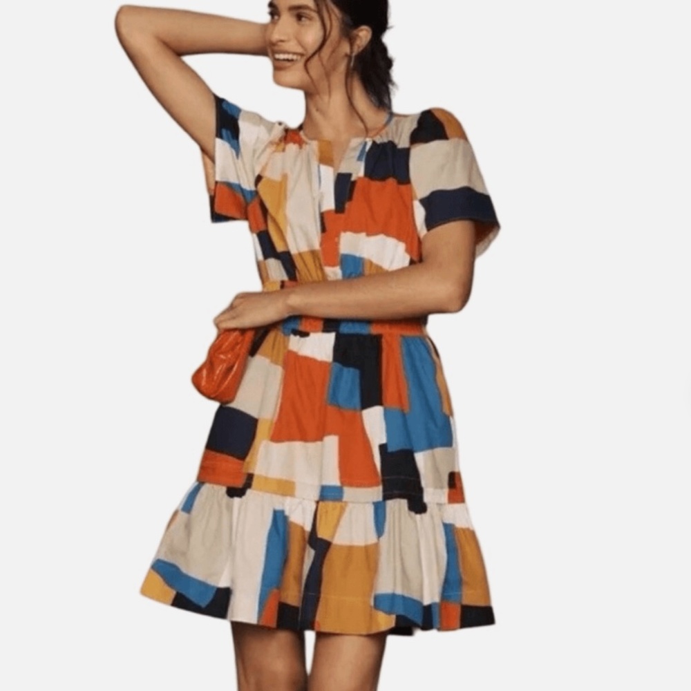 Anthropology somerset mini tiered dress nwt Xs colorful geometric print